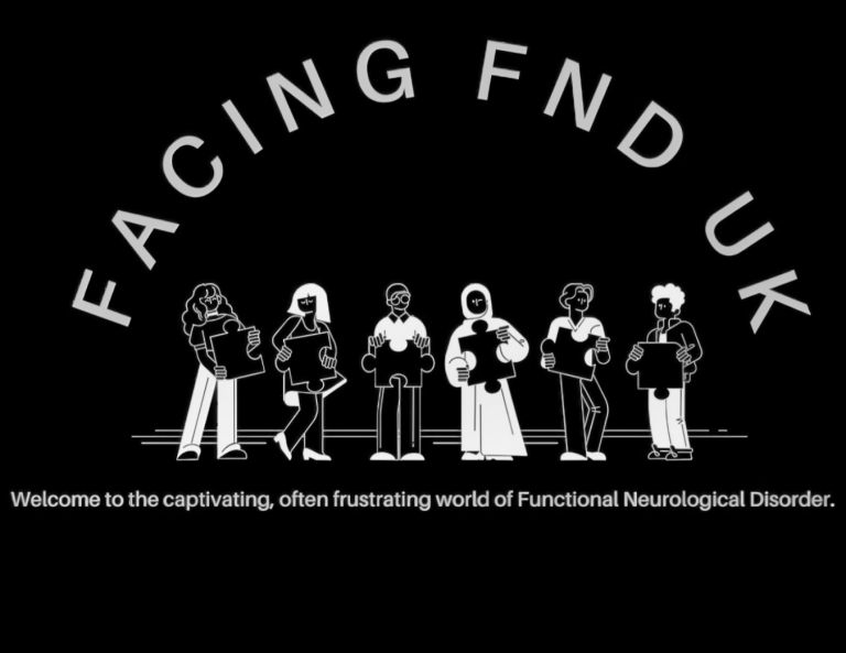 Logo of Facing FND UK with diverse figures holding puzzle pieces. Tagline about FND awareness.